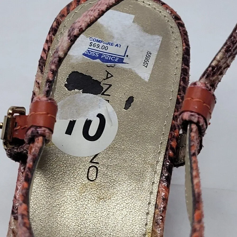 Bandolino Vegan Faux‎ Leather Strappy Wedge Sandals 10 Pink Coral Snake Embossed